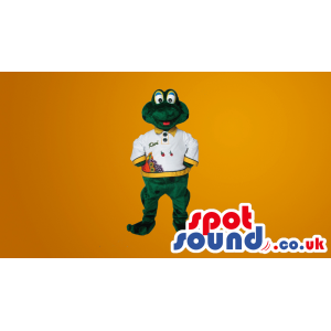 Green Plush Frog Mascot Wearing A White Shirt With Text -