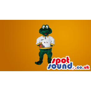 Green Plush Frog Mascot Wearing A White Shirt With Text -