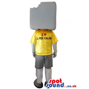 Large Grey Squared Biscuit Mascot In A Yellow T-Shirt - Custom