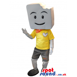 Large Grey Squared Biscuit Mascot In A Yellow T-Shirt - Custom