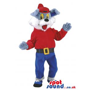 Bunny mascot in red shirt,in blue pants and in red cap - Custom