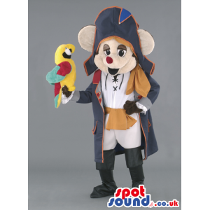 Mouse mascot dresses as a navy captain and carrying a parrot