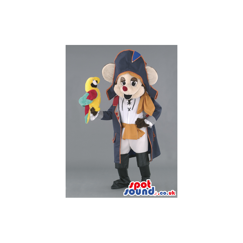 Mouse mascot dresses as a navy captain and carrying a parrot -
