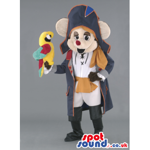 Mouse mascot dresses as a navy captain and carrying a parrot -