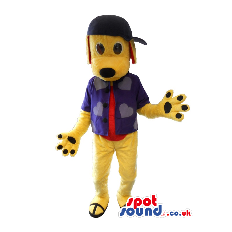 Yellow Dog Mascot With Blue And Red Clothes And A Cap - Custom