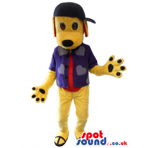 Yellow Dog Mascot With Blue And Red Clothes And A Cap - Custom