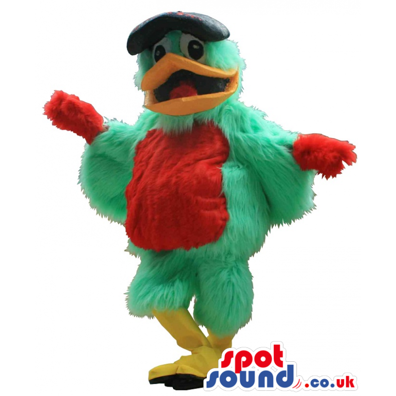 Green And Red Flashy Hairy Bird Mascot With A Cap - Custom