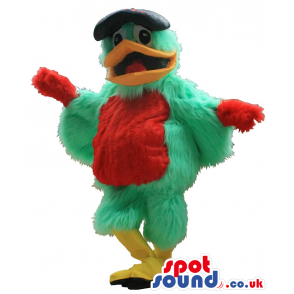 Green And Red Flashy Hairy Bird Mascot With A Cap - Custom