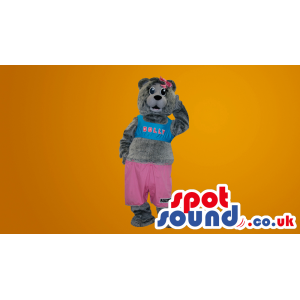 Grey Teddy Bear Plush Mascot With Pink Trousers And Text -