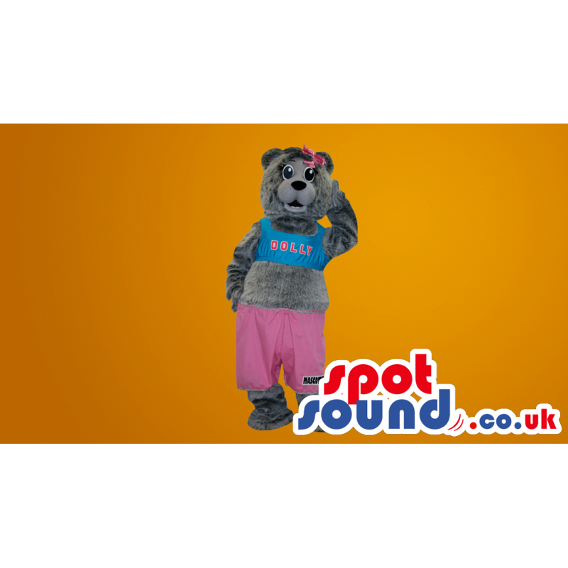 Grey Teddy Bear Plush Mascot With Pink Trousers And Text -