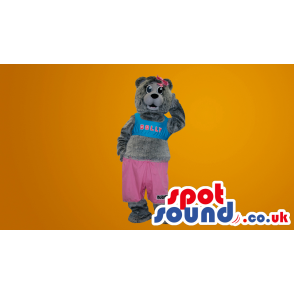 Grey Teddy Bear Plush Mascot With Pink Trousers And Text -