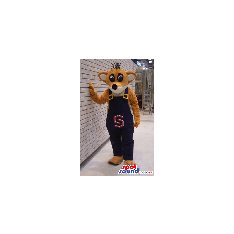 Brown Fox Plush Mascot Wearing Blue Overalls With A Letter -