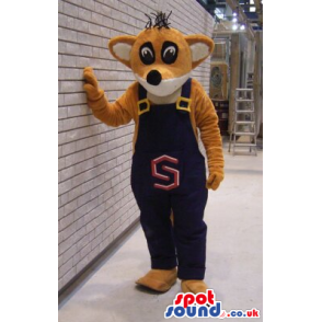 Brown Fox Plush Mascot Wearing Blue Overalls With A Letter -