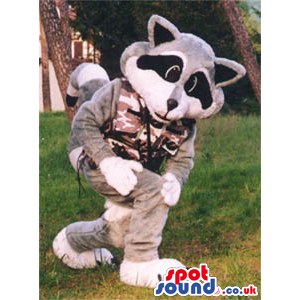 Grey And White Plush Raccoon Mascot Wearing Camouflage Clothes