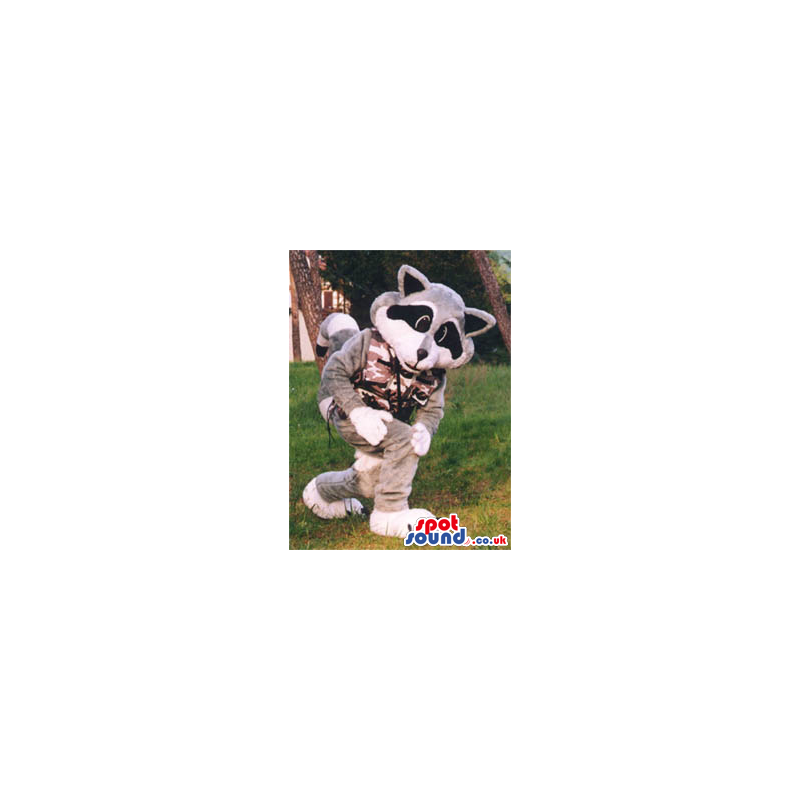 Grey And White Plush Raccoon Mascot Wearing Camouflage Clothes