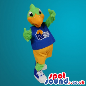 Green Duck Mascot Wearing Sports Clothes With A Logo - Custom