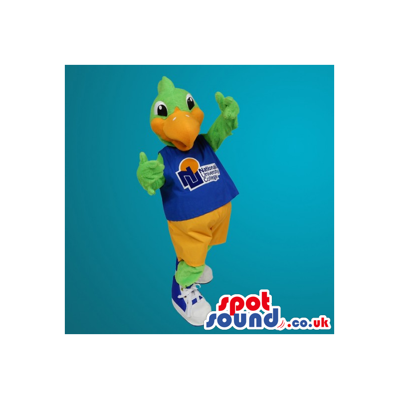 Green Duck Mascot Wearing Sports Clothes With A Logo - Custom