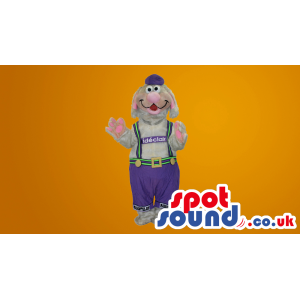 Mad Grey And Pink Dog With Blue Overalls And Text