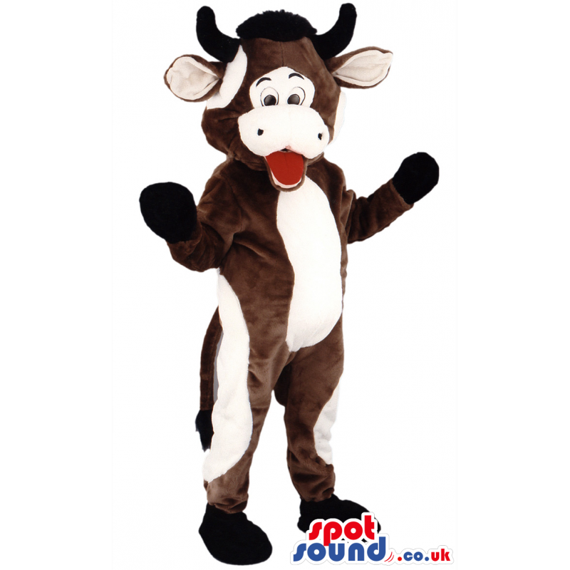 Joyous brown cow mascot with beige patches and black horns -