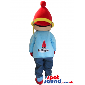 Boy Mascot Wearing A Red Hat And Headphones With Logo T-Shirt -