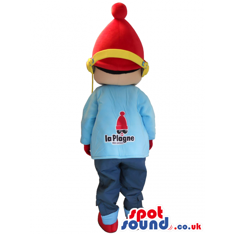 Boy Mascot Wearing A Red Hat And Headphones With Logo T-Shirt -