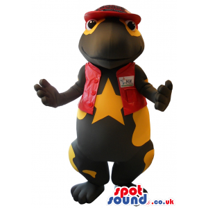 Salamander Mascot Wearing A Red Vest With A Logo - Custom