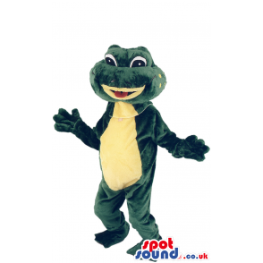 Overjoyed green frog mascot with yellow lips and underbelly -