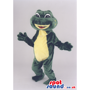 Overjoyed green frog mascot with yellow lips and underbelly -
