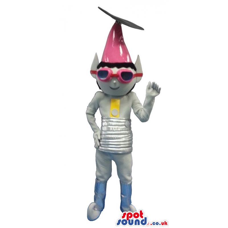 Space Character Mascot In Grey With A Pink Pointy Hat - Custom