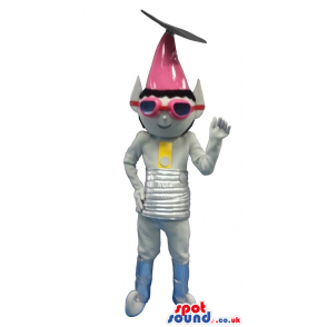 Space Character Mascot In Grey With A Pink Pointy Hat - Custom