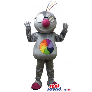 Grey Mascot With A Colourful Disk And Glasses - Custom Mascots