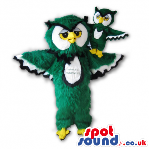 Green Hairy Owl Mascot With A Small Replica Toy - Custom Mascots