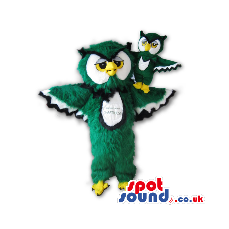 Green Hairy Owl Mascot With A Small Replica Toy - Custom Mascots