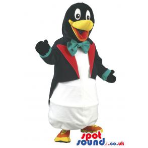 Duck mascot in black coat,in bow-tie and with black gloves -