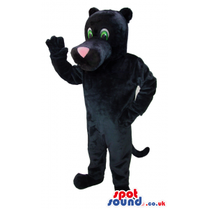 Cuddly soft panther mascot with green eyes and pink nose -