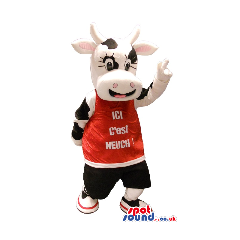 Black And White Cow Plush Mascot Wearing A Red Shirt With