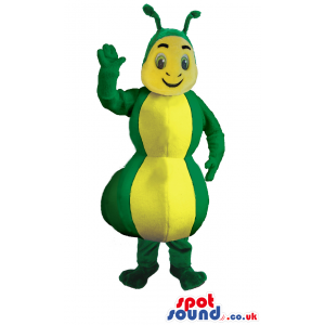 Green and yellow caterpillar mascot with green antennae -