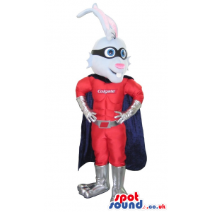 White Bunny Mascot Wearing Red And Blue Superhero Clothes -