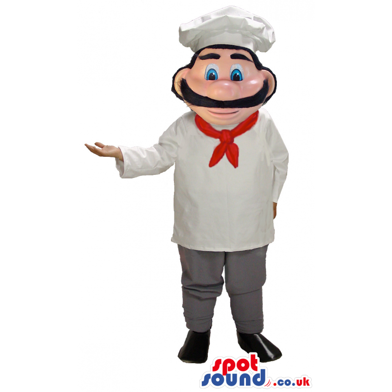 Smiling chef mascot with thick long moustache and red foulard -
