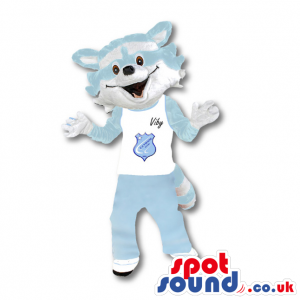Blue Cat Plush Mascot With A White T-Shirt And Logo - Custom