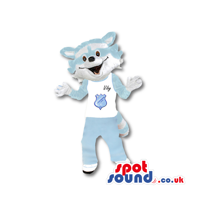 Blue Cat Plush Mascot With A White T-Shirt And Logo - Custom