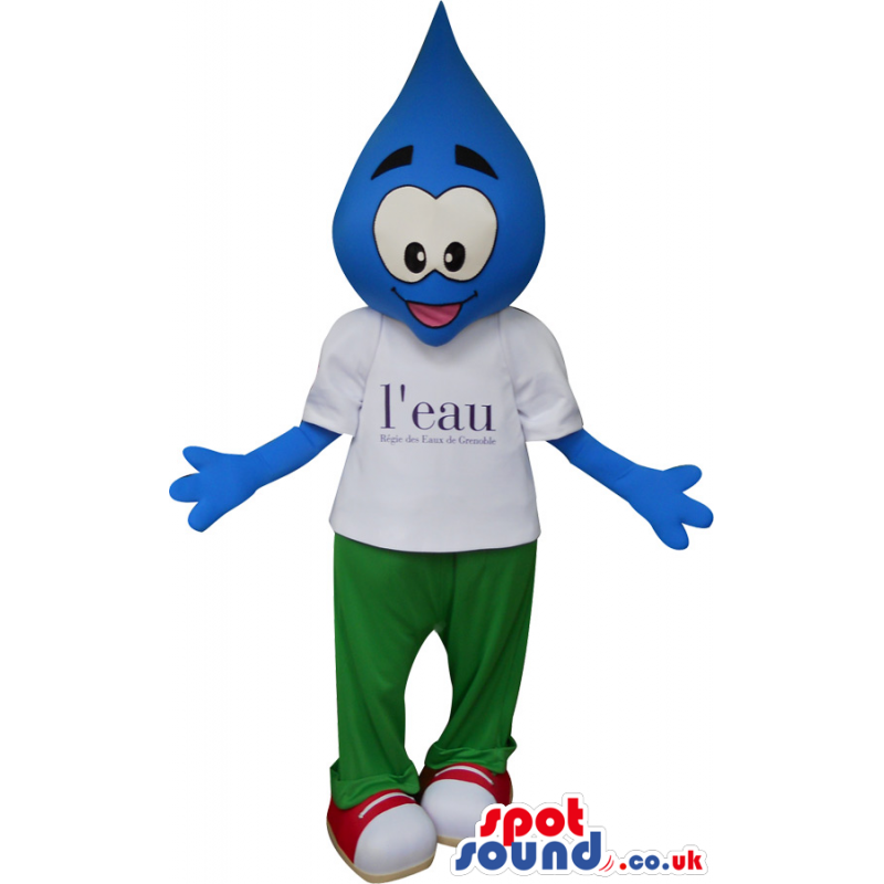 Blue Drop Mascot Wearing A White T-Shirt And Trousers - Custom