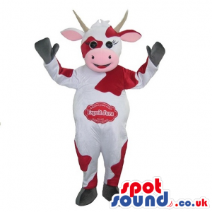 White And Red Funny Cow Mascot With Logo - Custom Mascots