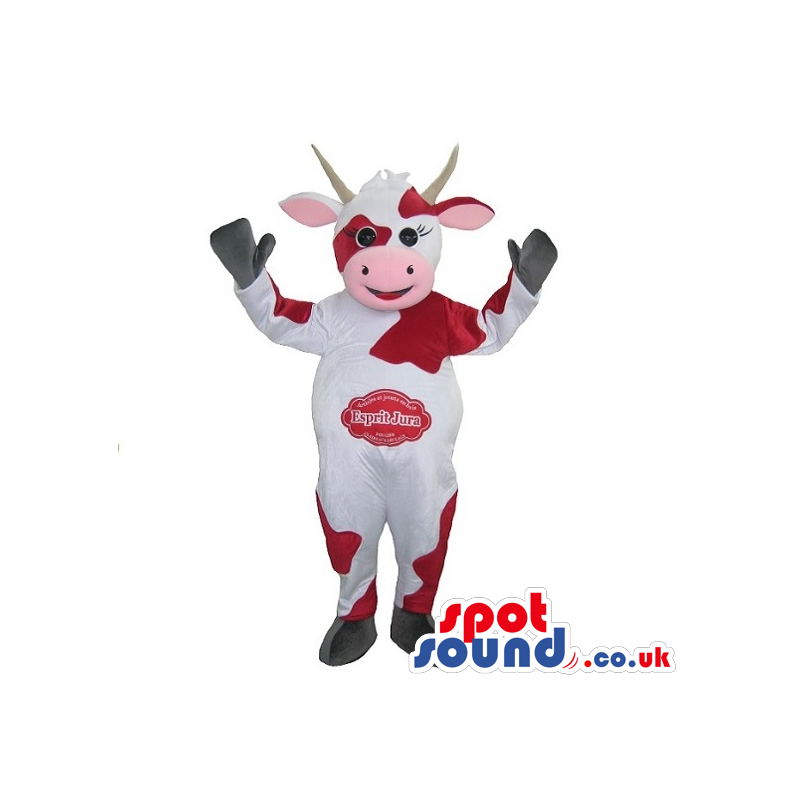 White And Red Funny Cow Mascot With Logo - Custom Mascots