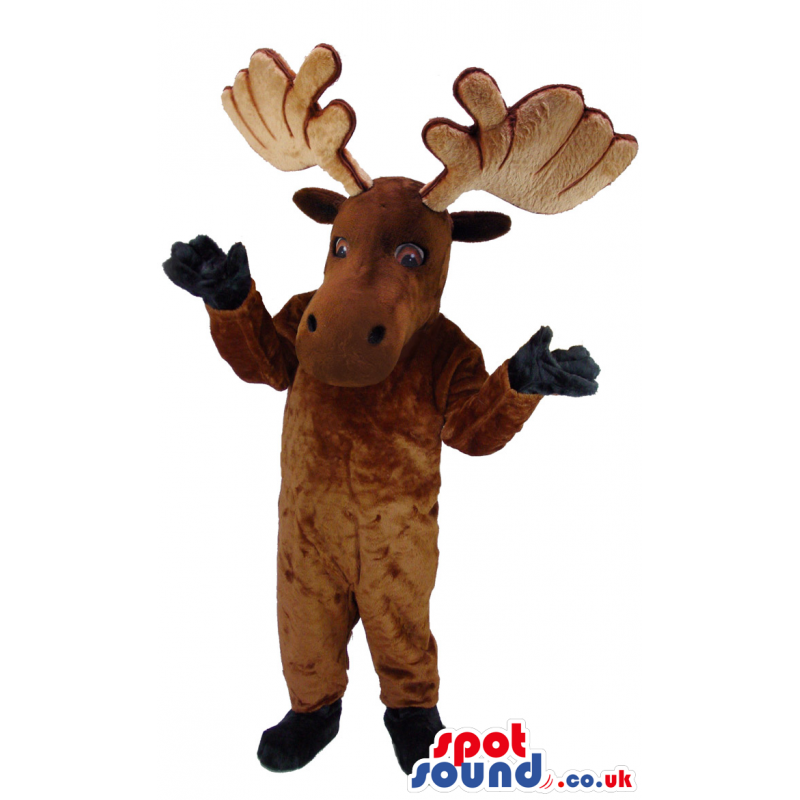 Giant standing moose mascot with beige antlers and black hooves