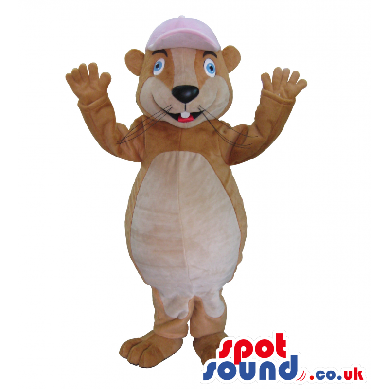 Brown And Beige Chipmunk Plush Mascot With Pink Cap - Custom