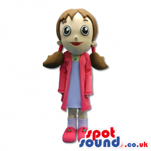 Girl Mascot With Brown Hair And A Pink Jacket - Custom Mascots