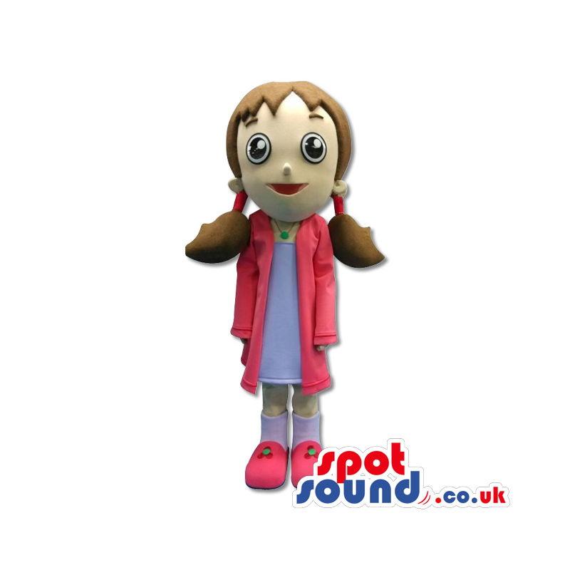 Girl Mascot With Brown Hair And A Pink Jacket - Custom Mascots