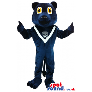 Dark Blue Bear Mascot With A White Neck Scarf And Logo - Custom