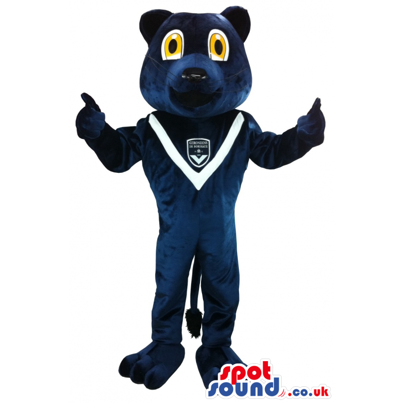 Dark Blue Bear Mascot With A White Neck Scarf And Logo - Custom